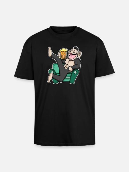 Funny monkey drinks beer - Unisex Oversized Heavyweight T-shirt - black