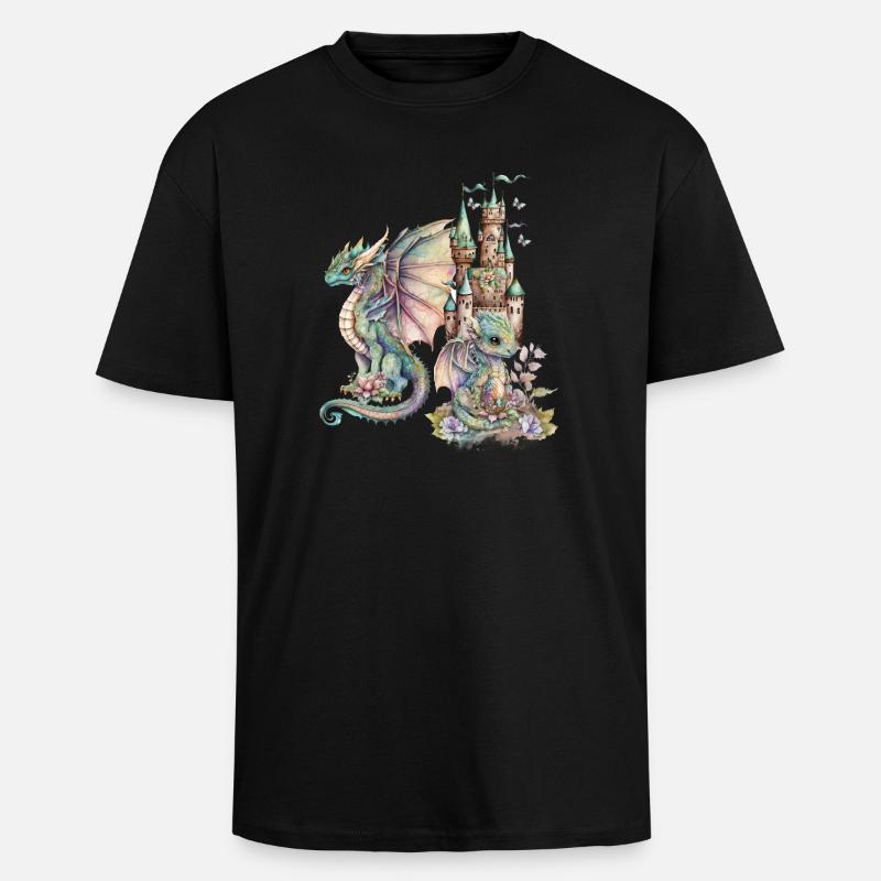 Fantasie-Drachen mit Märchenschloss - Oversized Heavyweight Unisex T-Shirt - Schwarz