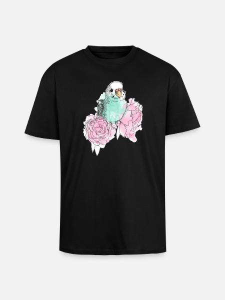 Budgerigars and peonies - Unisex Oversized Heavyweight T-shirt - black