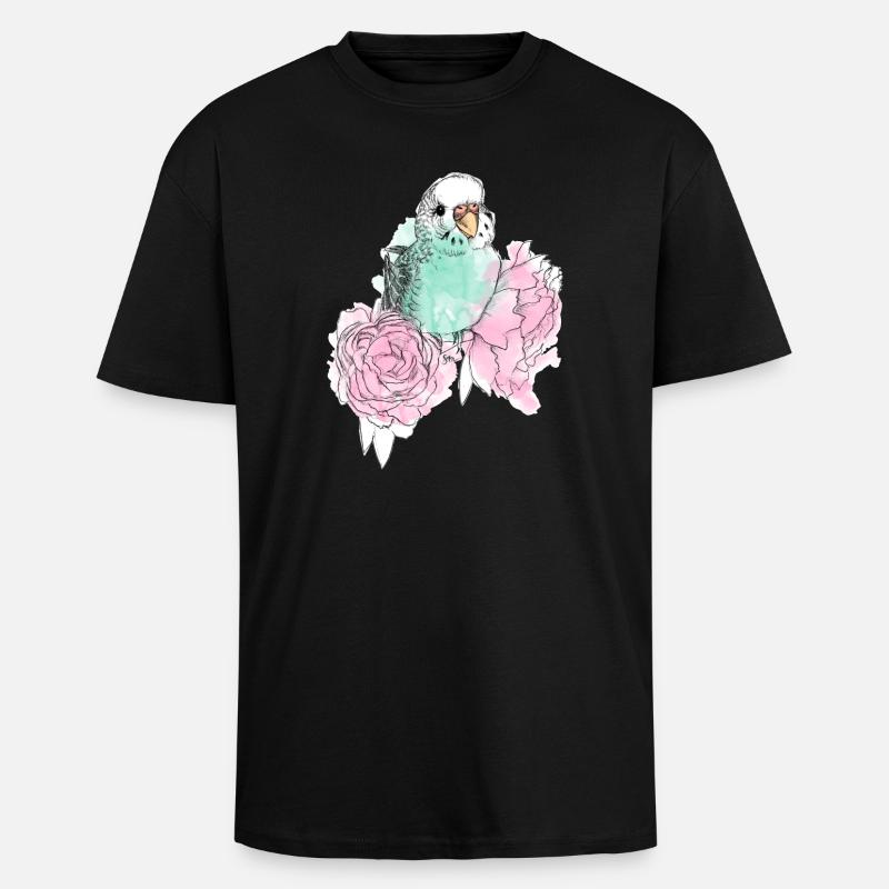 Budgerigars et pivoines - T-shirt unisexe oversize épais - noir