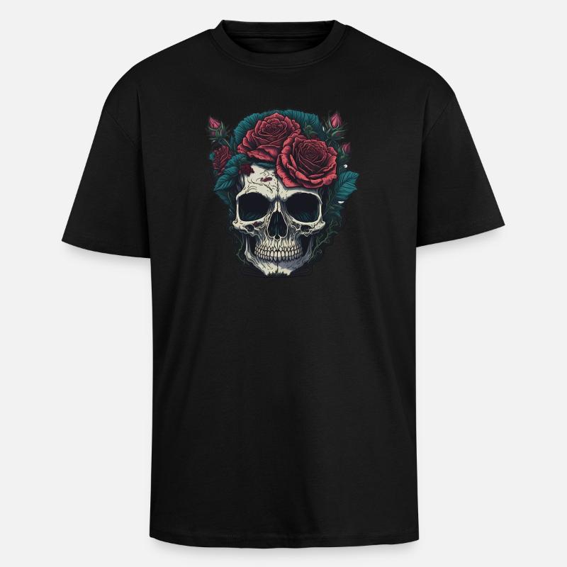 Crâne avec des roses - T-shirt unisexe oversize épais - noir