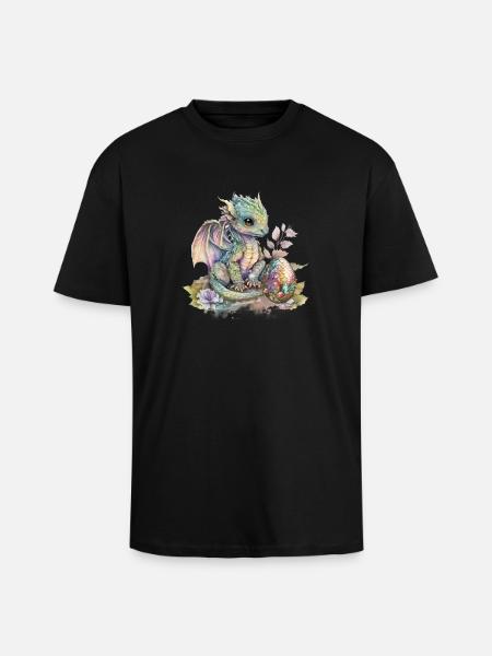Fabelhafter Baby-Drachen mit Blumen - Oversized Heavyweight Unisex T-Shirt - Schwarz
