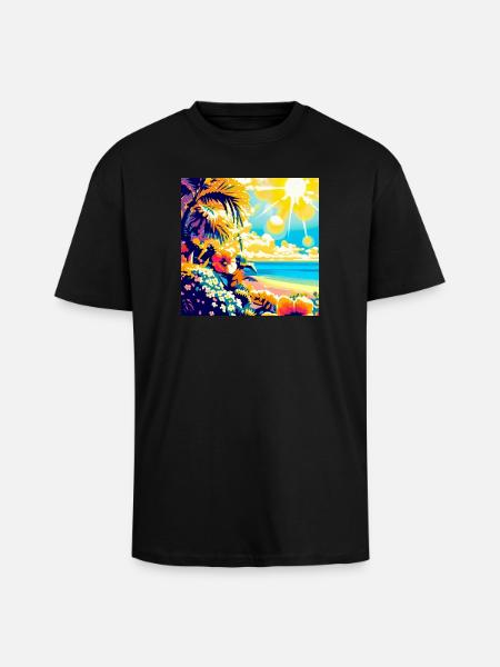 Plage tropicale rétro et soleil - T-shirt unisexe oversize épais - noir