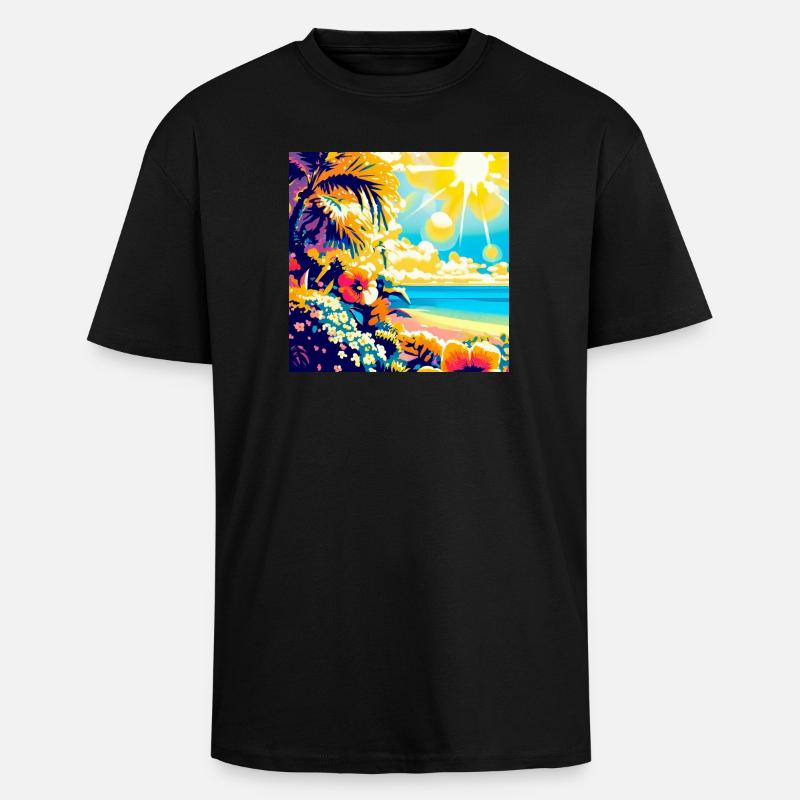 Plage tropicale rétro et soleil - T-shirt unisexe oversize épais - noir