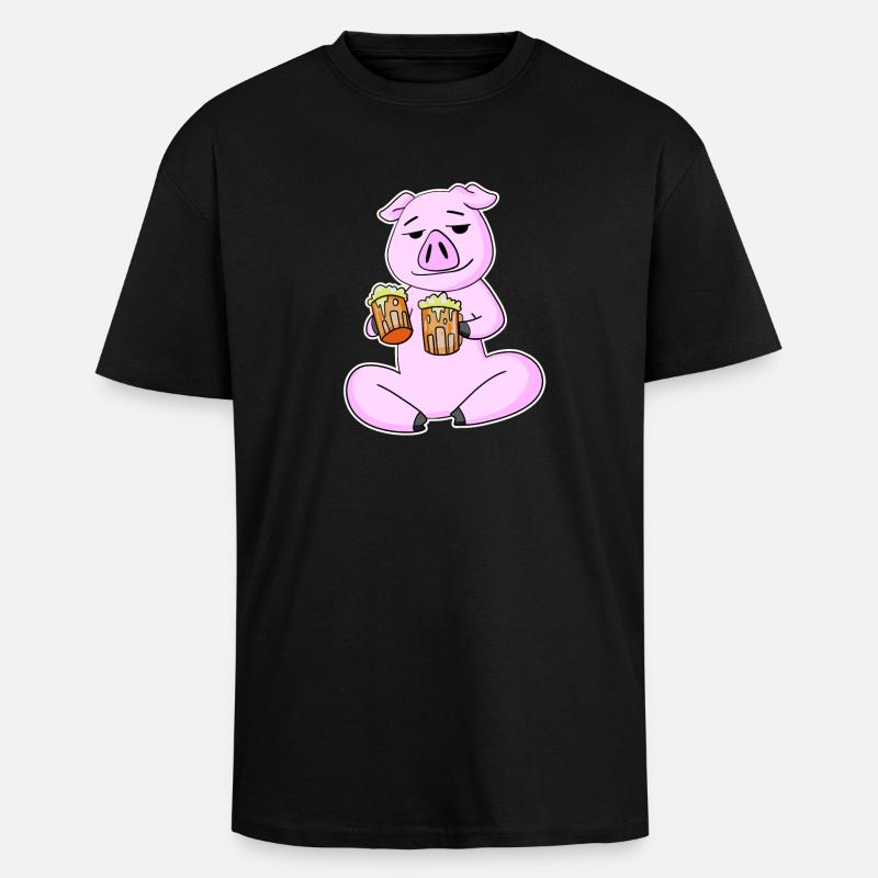 Schwein mit Bier - Oversized Heavyweight Unisex T-Shirt - Schwarz