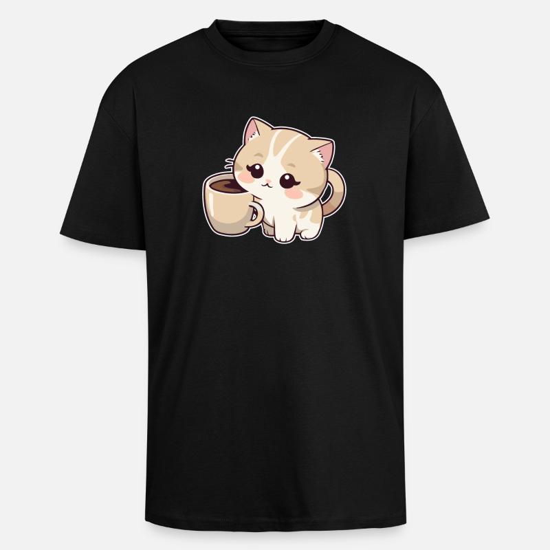 Kitten with coffee cup - Unisex Oversized Heavyweight T-shirt - black
