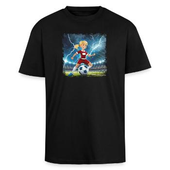 Fussballerin Comicfigur Stadion mit Blitzen - Oversized Heavyweight Unisex T-Shirt - Schwarz - Vorne - Alina (178cm) & Michal (187cm)