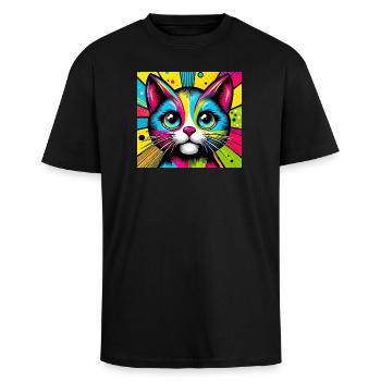 Chat Pop Art - T-shirt unisexe oversize épais - noir - Devant - Alina (178cm) & Michal (187cm)