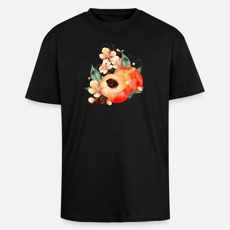 Pfirsichhälfte,Pfirsiche,Blätter & Pfirsichblüten - Oversized Heavyweight Unisex T-Shirt - Schwarz