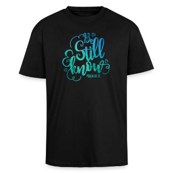 Be still and know - Unisex Oversized Heavyweight T-shirt - black - Front - Alina (178cm) & Michal (187cm)