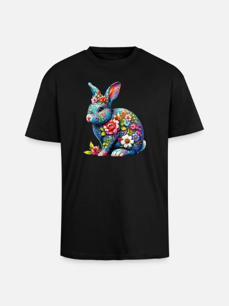 Hase mit Blumen geschmückt - Oversized Heavyweight Unisex T-Shirt - Schwarz