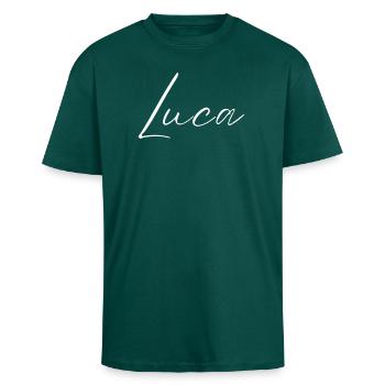 Luca Name T-Shirt Geschenk Für Männer - Oversized Heavyweight Unisex T-Shirt - hunter Green - Vorne - Alina (178cm) & Michal (187cm)