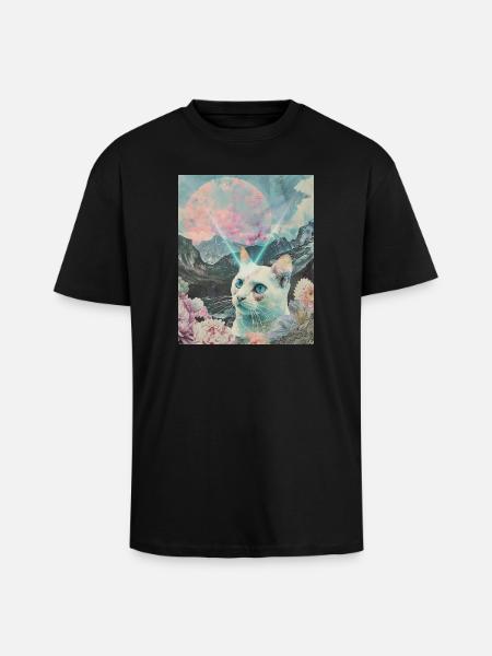 Comet cat between blooming peaks - Unisex Oversized Heavyweight T-shirt - black