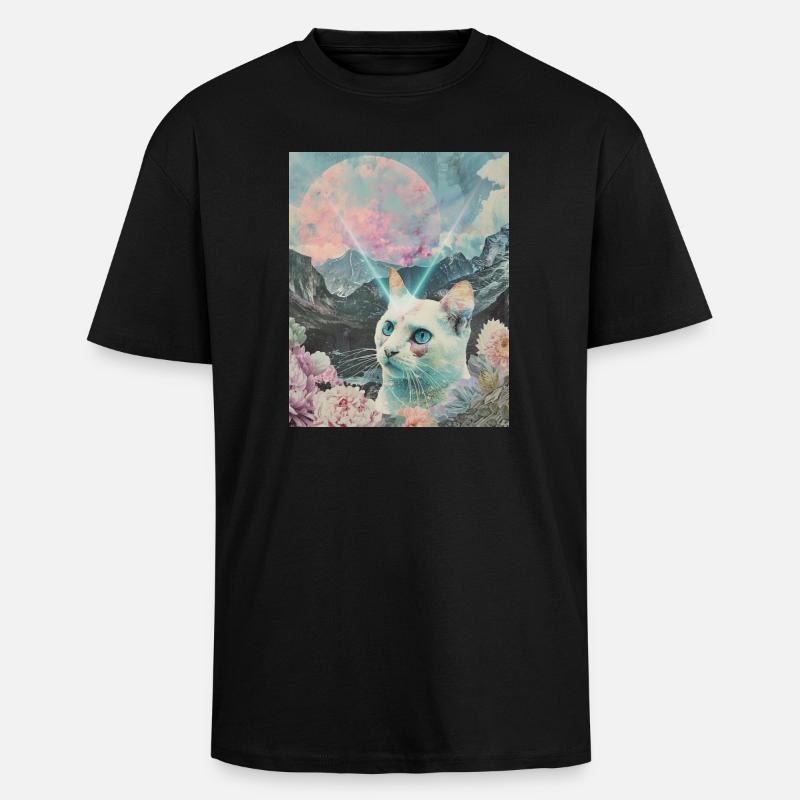 Comet cat between blooming peaks - Unisex Oversized Heavyweight T-shirt - black