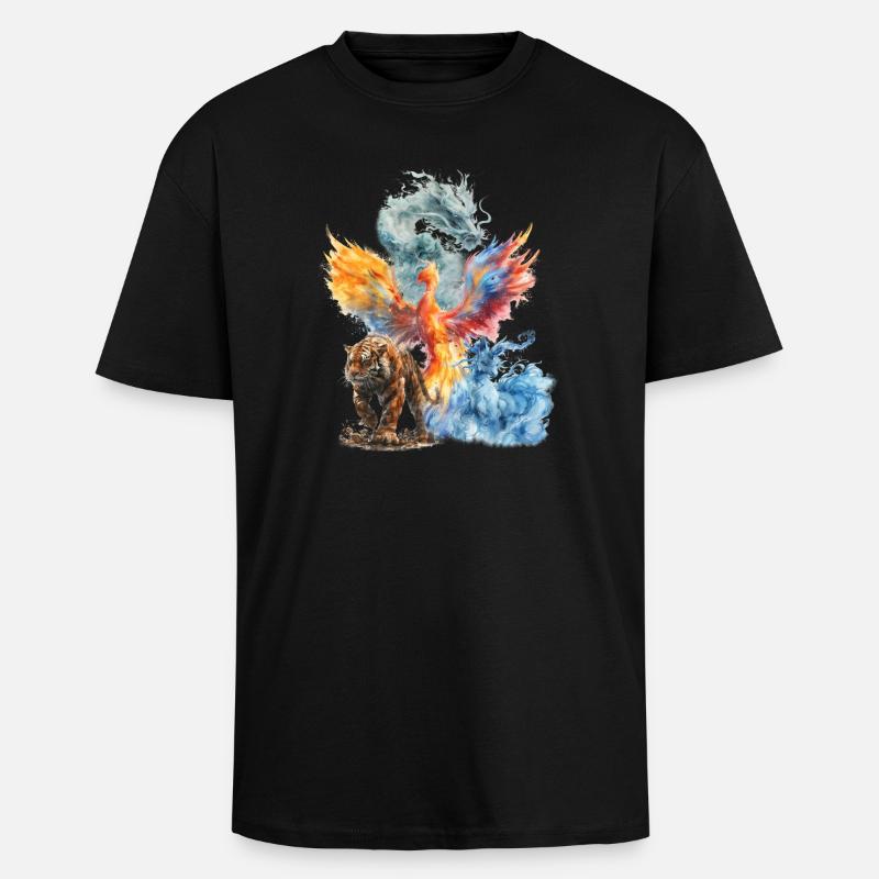 Aquarelle Phoenix Tigre Dragon - T-shirt unisexe oversize épais - noir
