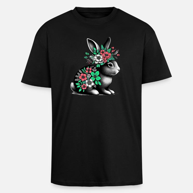 Lapin aux fleurs - T-shirt unisexe oversize épais - noir