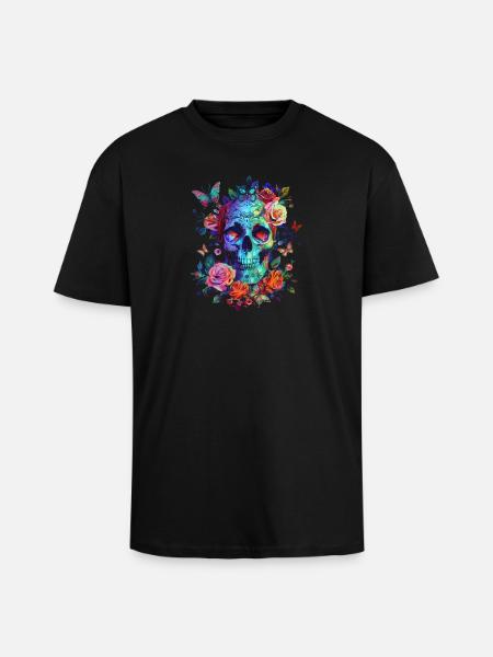 Crâne avec fleurs et papillon - T-shirt unisexe oversize épais - noir