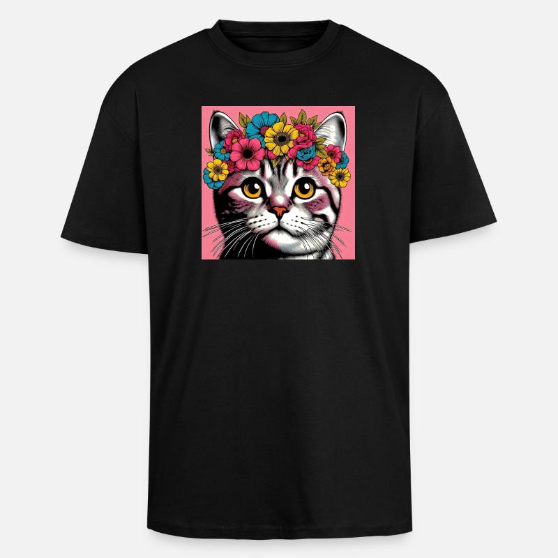 Chat avec des fleurs - T-shirt unisexe oversize épais - noir