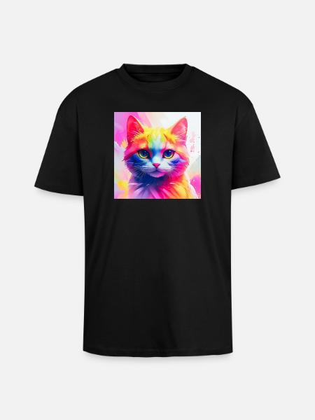 Vibrant Rainbow Cat Artwork - Unisex Oversized Heavyweight T-shirt - black