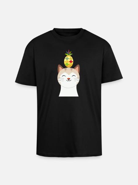 Munter kat med ananas – Tropisk dyredesign - Unisex oversized heavyweight t-shirt - sort