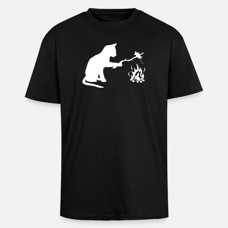 Chat au barbecue, camping, BBQ - T-shirt unisexe oversize épais - noir