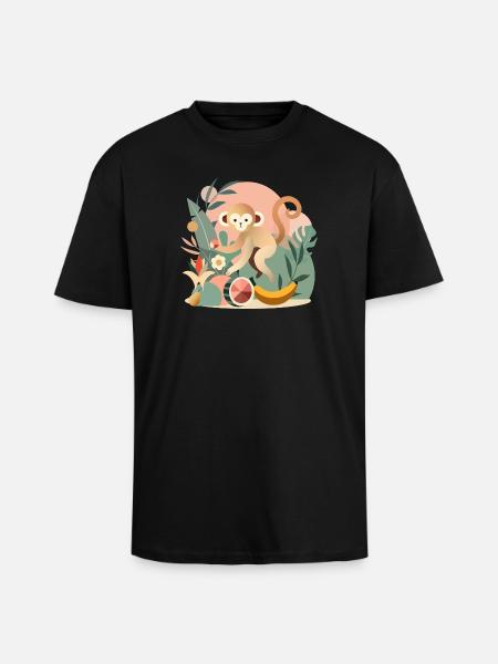 Playful monkey with tropical fruits - Unisex Oversized Heavyweight T-shirt - black