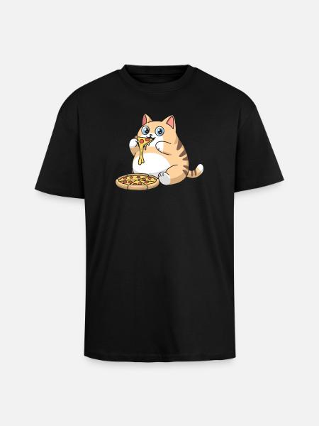 Cute Chubby Cat Eating Pizza - Unisex Oversized Heavyweight T-shirt - black