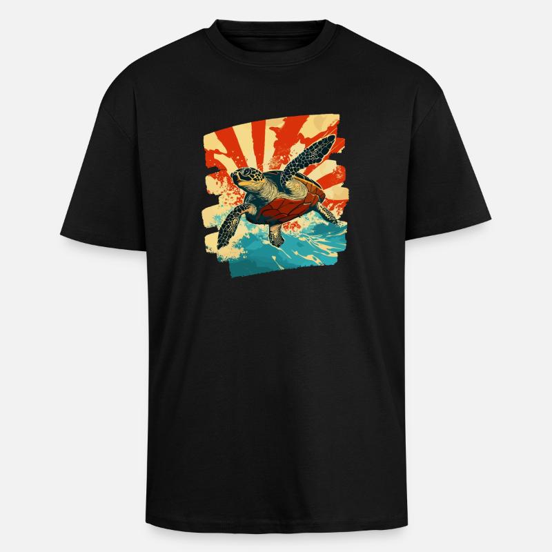 Tortue de mer rétro - T-shirt unisexe oversize épais - noir