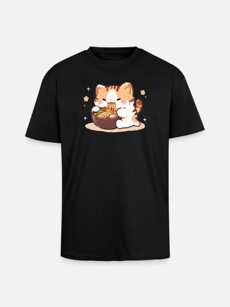 Cat Eating Spaghetti Meme - Unisex Oversized Heavyweight T-shirt - black