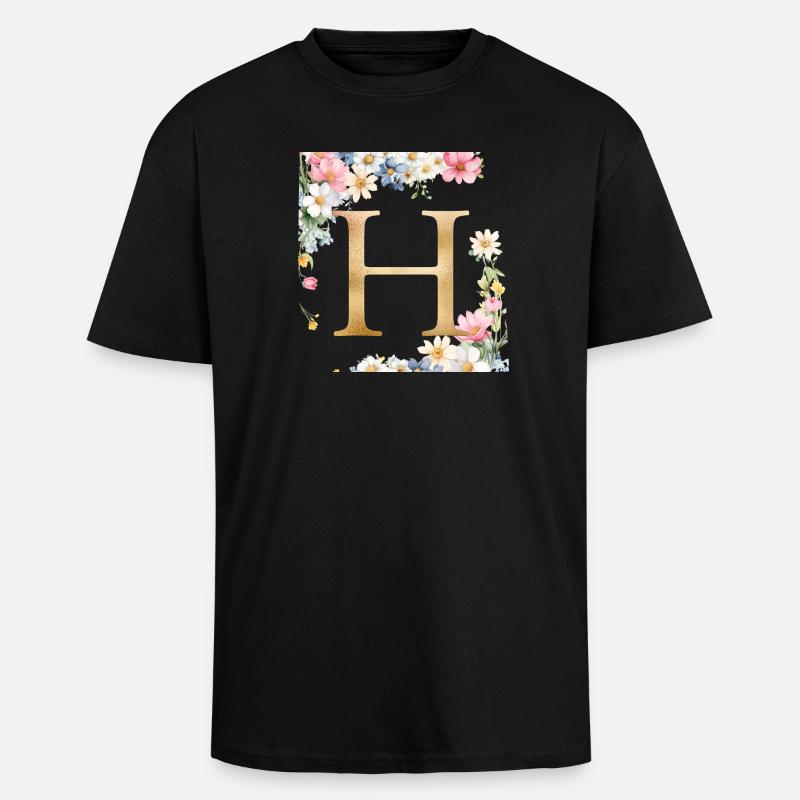 H Monogramm, Floral, personalisierbar - Oversized Heavyweight Unisex T-Shirt - Schwarz