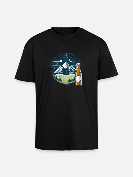 Nocturnal mountain scenery with beer bottle - Unisex Oversized Heavyweight T-shirt - black