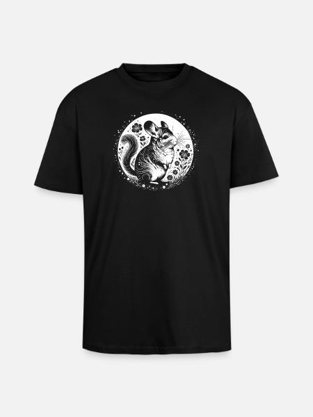 Chinchilla with moon and flowers - Unisex Oversized Heavyweight T-shirt - black