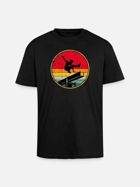 Retro Skater Silhouette on Sunset Stripes - Unisex Oversized Heavyweight T-shirt - black