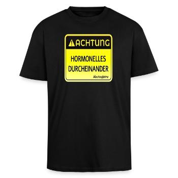 WECHSELJAHRE MENOPAUSE - ACHTUNG HORMONE - Oversized Heavyweight Unisex T-Shirt - Schwarz - Vorne - Alina (178cm) & Michal (187cm)