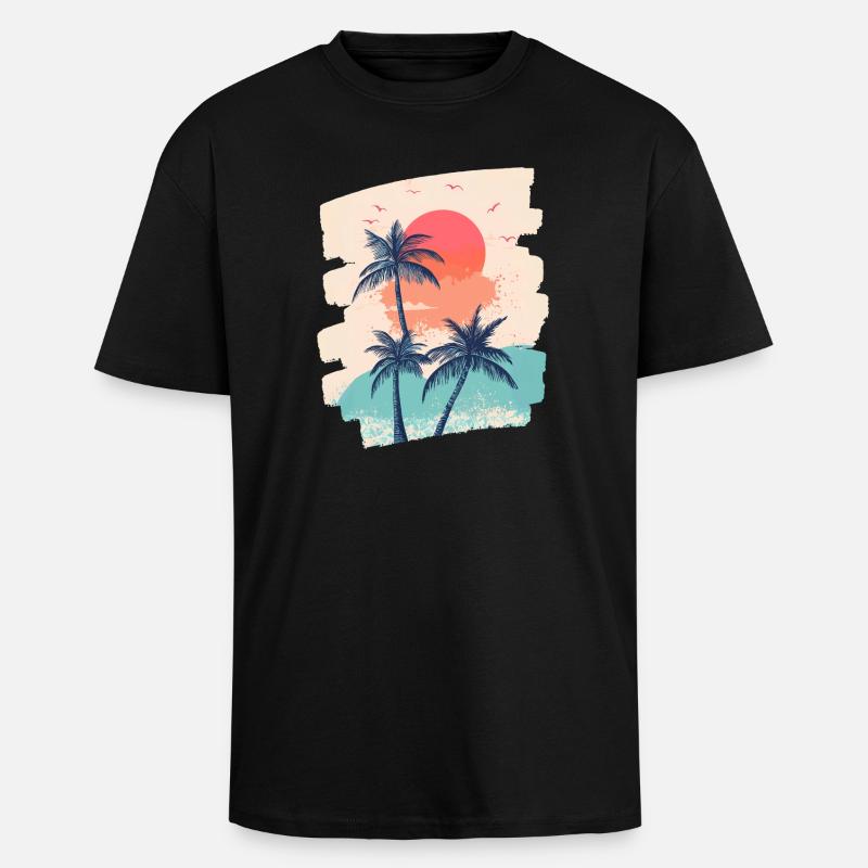Beach Palm Trees Sunset Summer - Unisex Oversized Heavyweight T-shirt - black