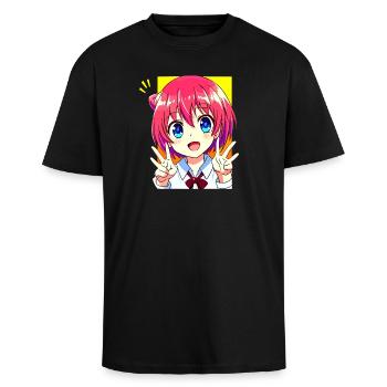 Süßes Anime Manga Mädchen - Peace Zeichen Kawaii - Oversized Heavyweight Unisex T-Shirt - Schwarz - Vorne - Alina (178cm) & Michal (187cm)