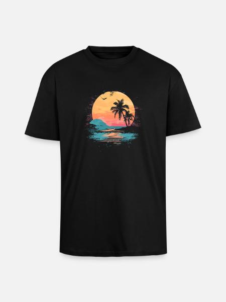 Palm Tree Sunset Summer Sun - Unisex Oversized Heavyweight T-shirt - black
