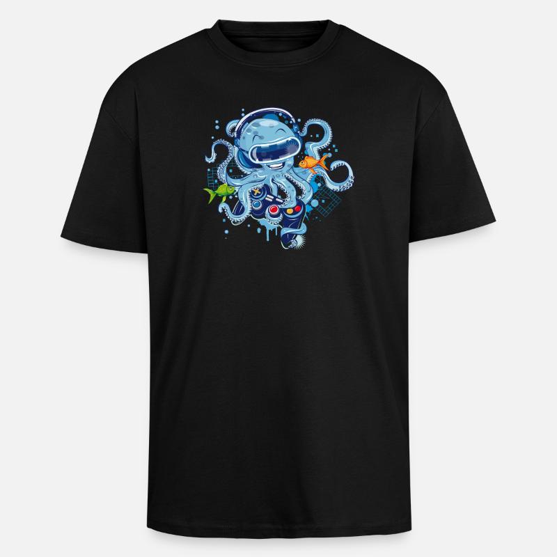 Gaming Octopus with Controller - Unisex Oversized Heavyweight T-shirt - black