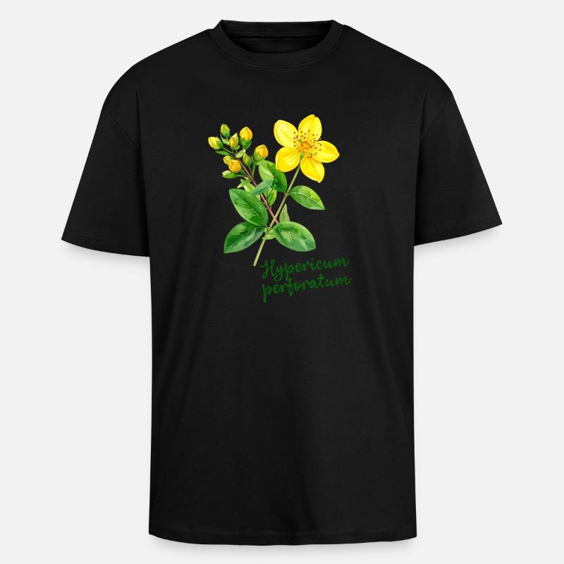 Hypericum perforatum - botanical illustration - Unisex Oversized Heavyweight T-shirt - black