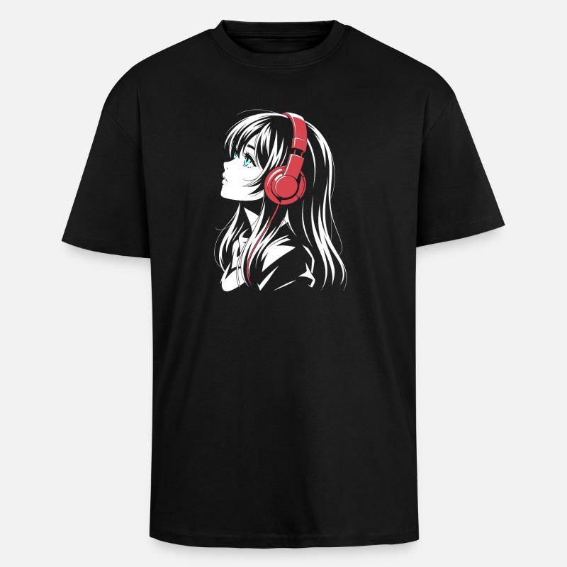Fille d’anime avec conception de casque - T-shirt unisexe oversize épais - noir