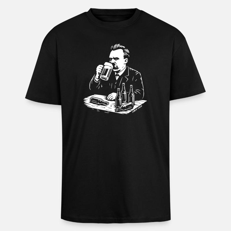 Friedrich Nietzsche drinking Beer illustration - Unisex Oversized Heavyweight T-shirt - black