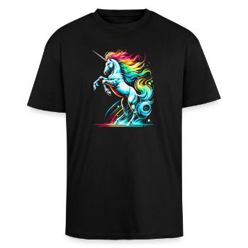 Lebendige Neon-Einhorn-Toleranz-Illustration - Oversized Heavyweight Unisex T-Shirt - Schwarz - Vorne - Alina (178cm) & Michal (187cm)