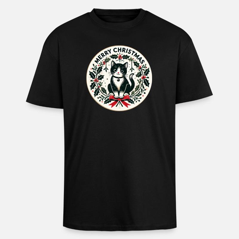 Festlicher Stechpalmenkranz mit schwarzer Katze - Oversized Heavyweight Unisex T-Shirt - Schwarz