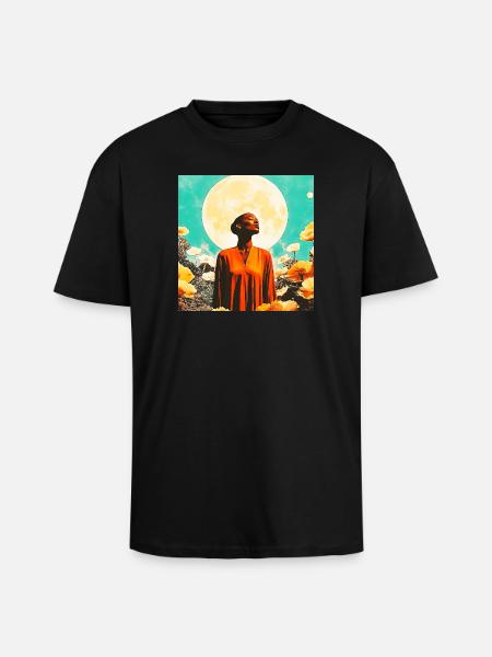 Portrait of Moon, Woman and Enchanted Flowers - Unisex Oversized Heavyweight T-shirt - black
