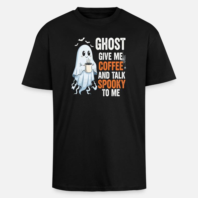 Gruseliger Geist mit Kaffeeillustration - Oversized Heavyweight Unisex T-Shirt - Schwarz