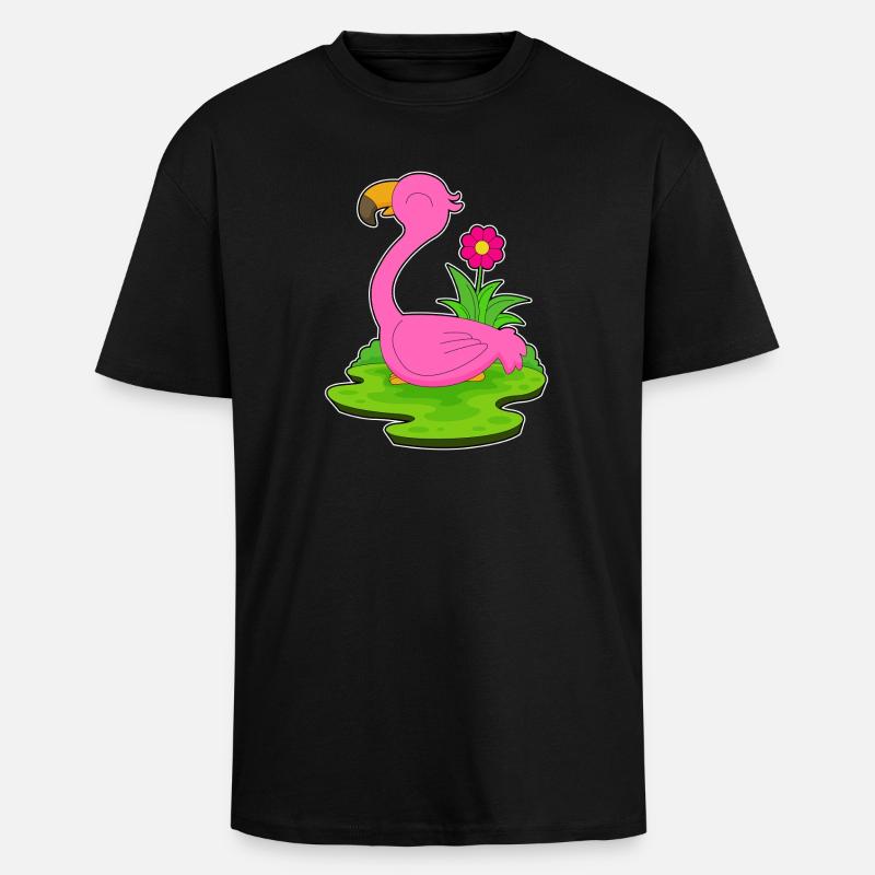 Flamingo Blume - Oversized Heavyweight Unisex T-Shirt - Schwarz