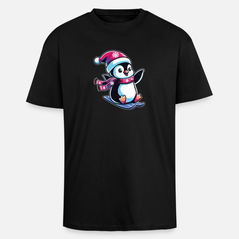 Pingouin Noël Ski Course Pingouins - T-shirt unisexe oversize épais - noir