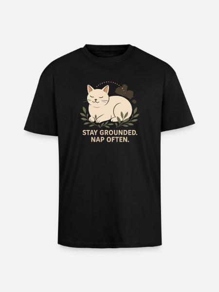 Stay Grounded. Sleep Often. Cat Illustration - Unisex Oversized Heavyweight T-shirt - black