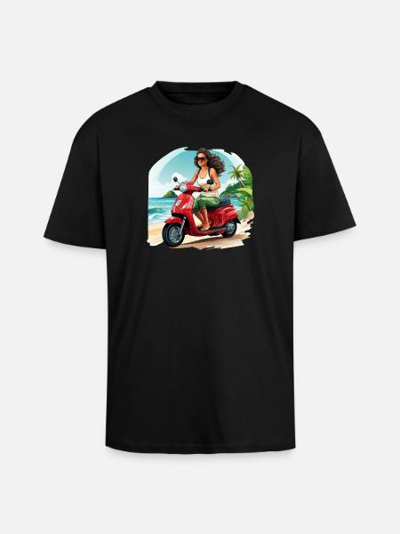 Frau mit rotem Roller am Strand - Oversized Heavyweight Unisex T-Shirt - Schwarz