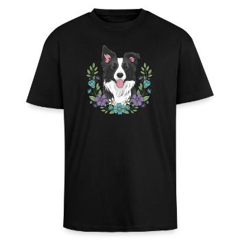 Border Collie Blumenfeier - Oversized Heavyweight Unisex T-Shirt - Schwarz - Vorne - Alina (178cm) & Michal (187cm)